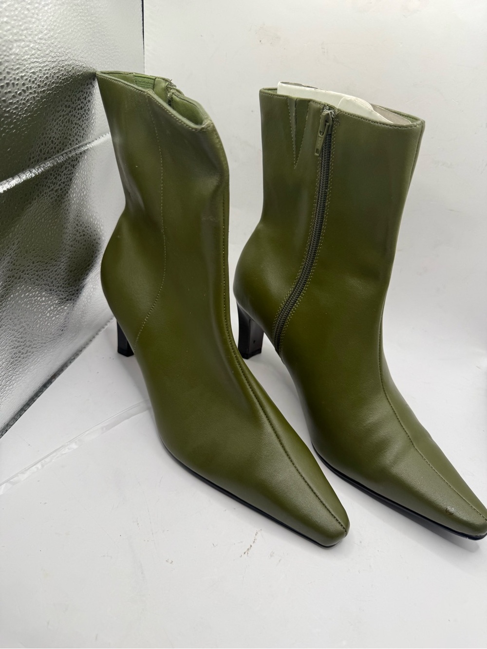 Olive Green Pointed Toe Mid-Heel Ankle Boots with Side Zip